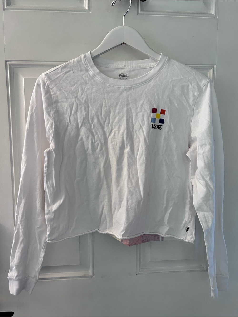 Vans White Long-Sleeve Cropped Graphic Tee with Multicolor Logo